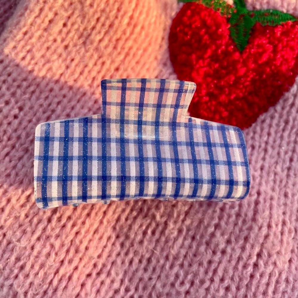 Blue, white square claw clip